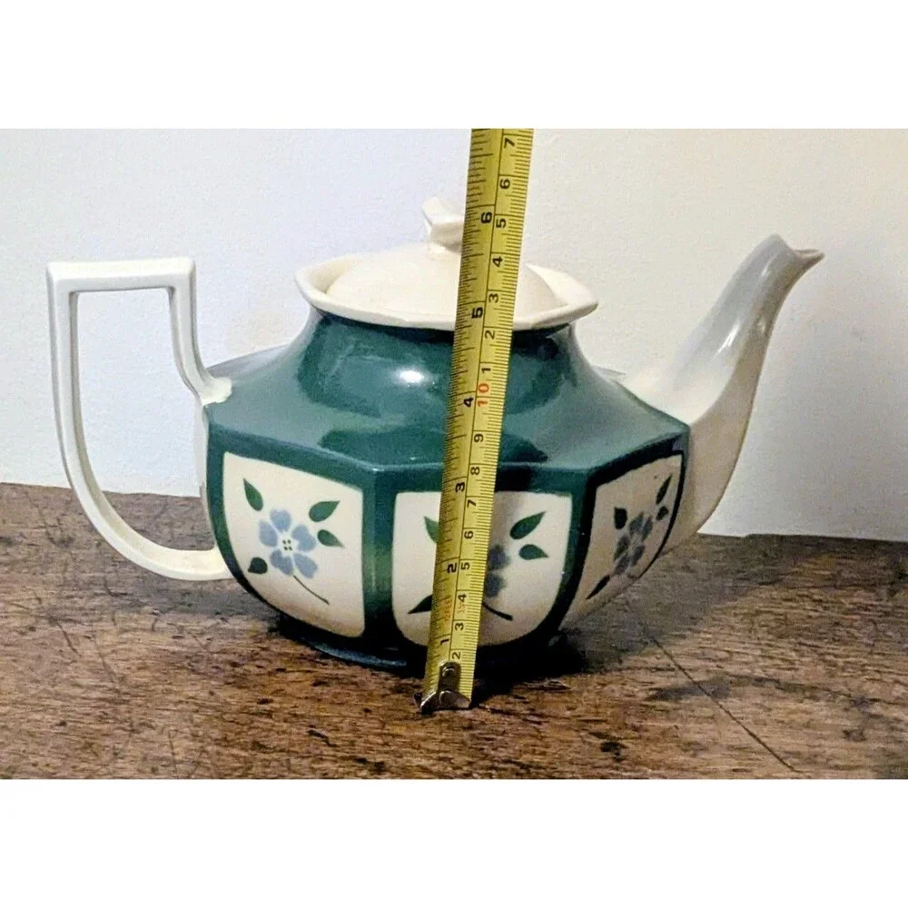 Vintage Porcelier Vitreous China Teapot Green White Geometric Floral  With Lid